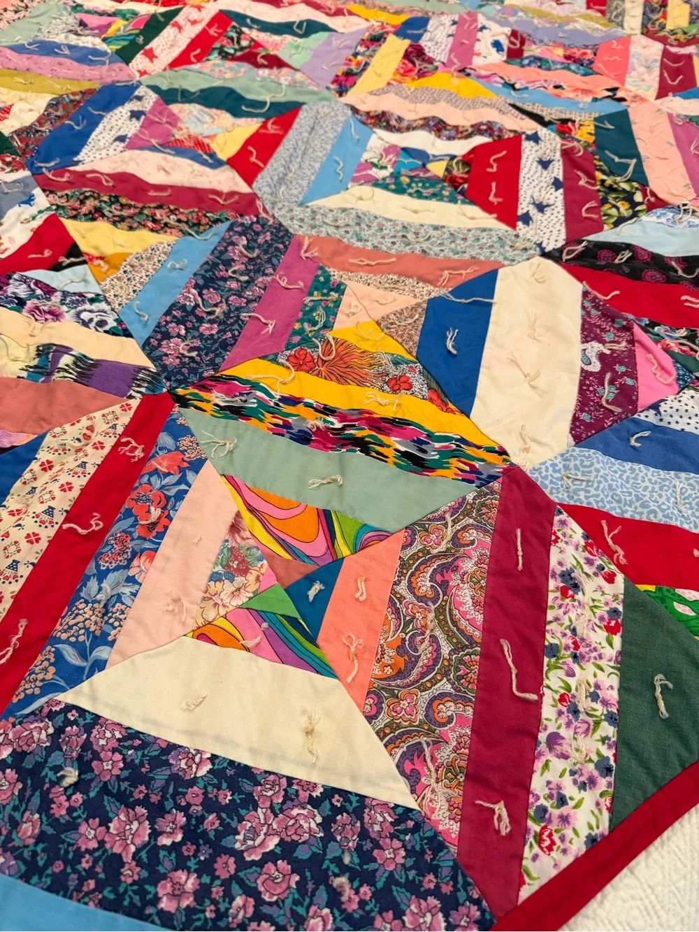 Vintage Multicolor Patchwork crazy quilt hand tied 74”x64” cotton farmhouse